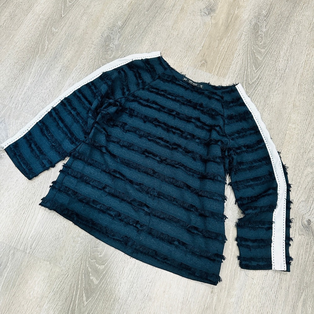 Zara Basic Collection Navy Fringe Tiered Top White Side Stripe Raglan XS